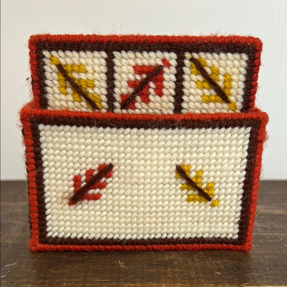 Vintage Handcrafted Fall Set of 8 Cross Stitch on Mesh Plastic Coasters Holder